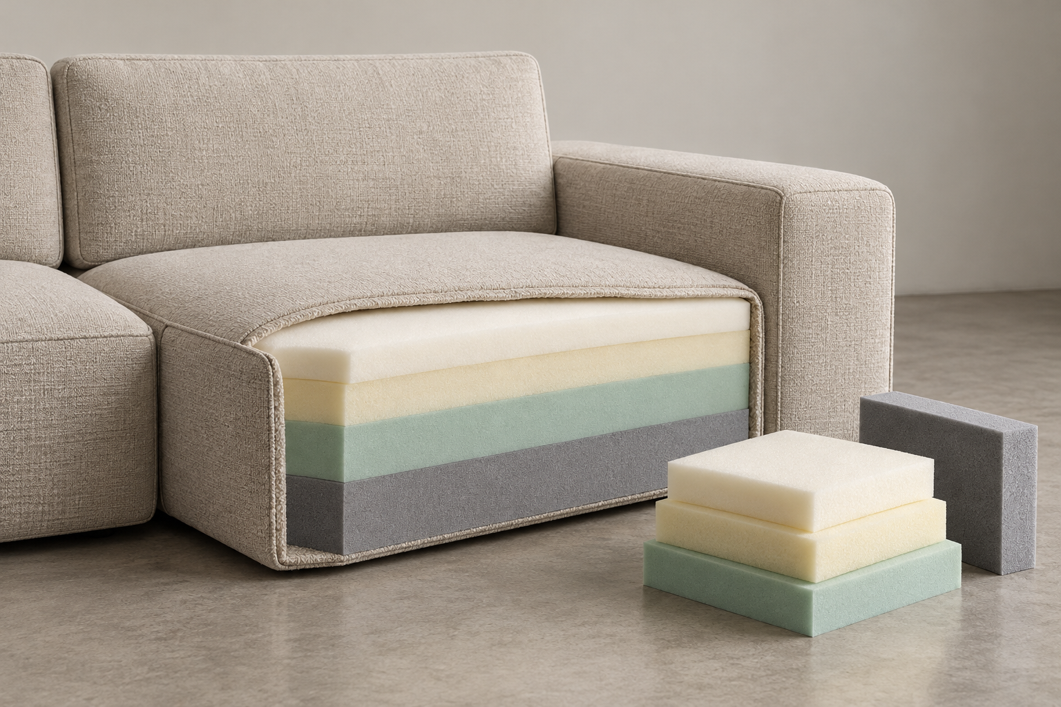 all-foam-sofa Illustration of an all-foam sofa seat with exposed foam layers and sample blocks.